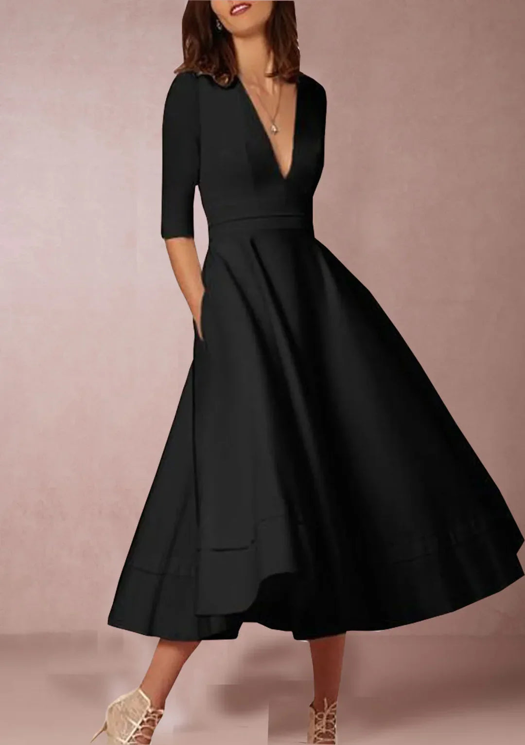Damen A-Linie Midikleid mit tiefem V-Ausschnitt &amp; Taillenbetonung | 3/4-Ärmel | Schwingender Rock | S–3XL, Farbenwahl