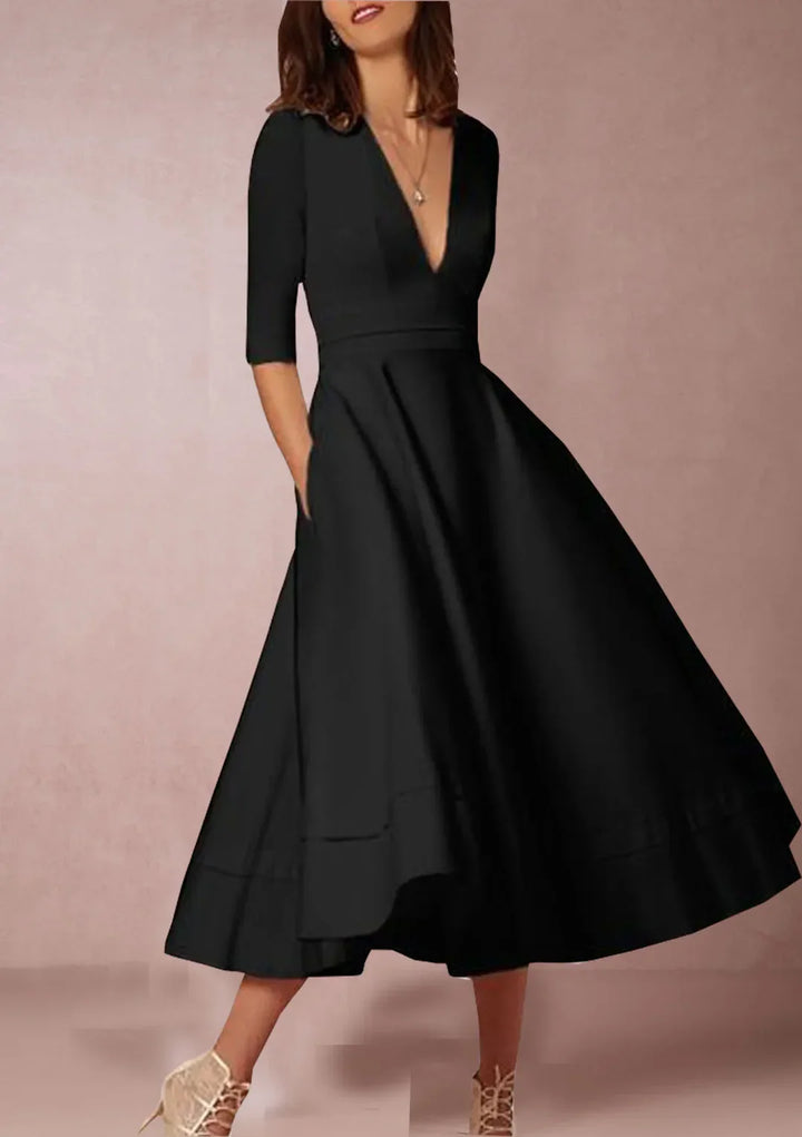 Damen A-Linie Midikleid mit tiefem V-Ausschnitt &amp; Taillenbetonung | 3/4-Ärmel | Schwingender Rock | S–3XL, Farbenwahl