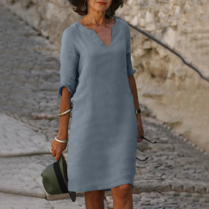 Damen Knielanges Kleid mit V-Ausschnitt | Luftiges Midikleid mit 3/4-Ärmeln | Gerade Passform | Größen S–3XL