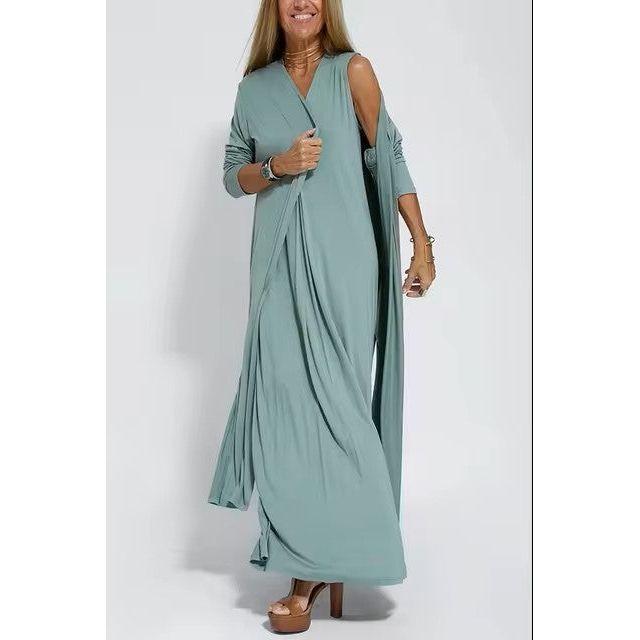 Damen Maxikleid mit V-Ausschnitt &amp; Cardigan | Langärmeliges Kleid für Alltag &amp; besondere Anlässe | Elegant &amp; Bequem