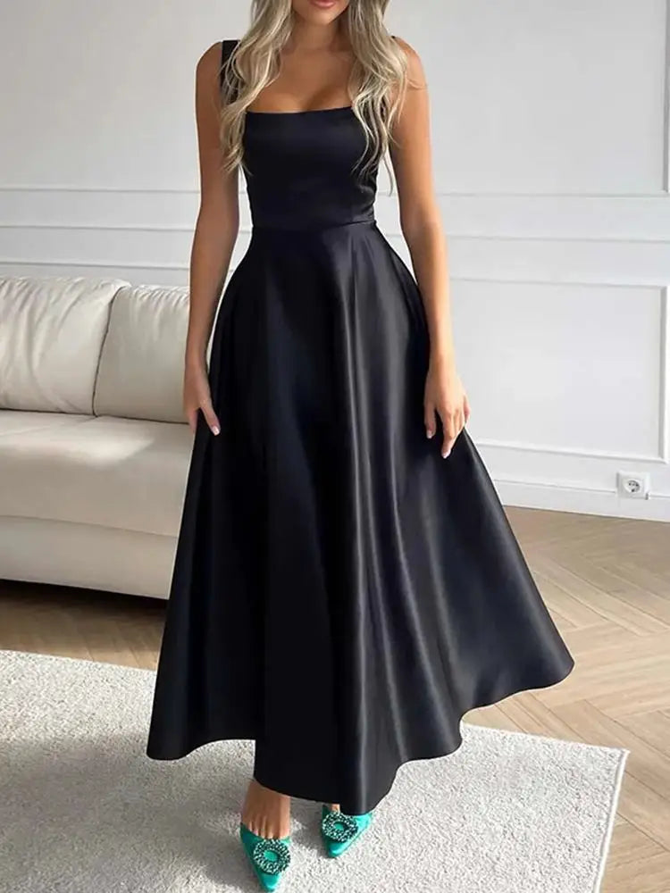 Midikleid in A-Linie mit Satin-Glanz | Quadratischer Ausschnitt &amp; Spaghettiträger | Fließender Rock, elegant für Events