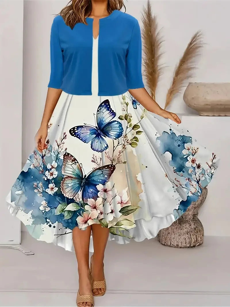 Damen Sommer-Set | 2-teilig mit Midi-Kleid und Blazer für Büro und besondere Anlässe