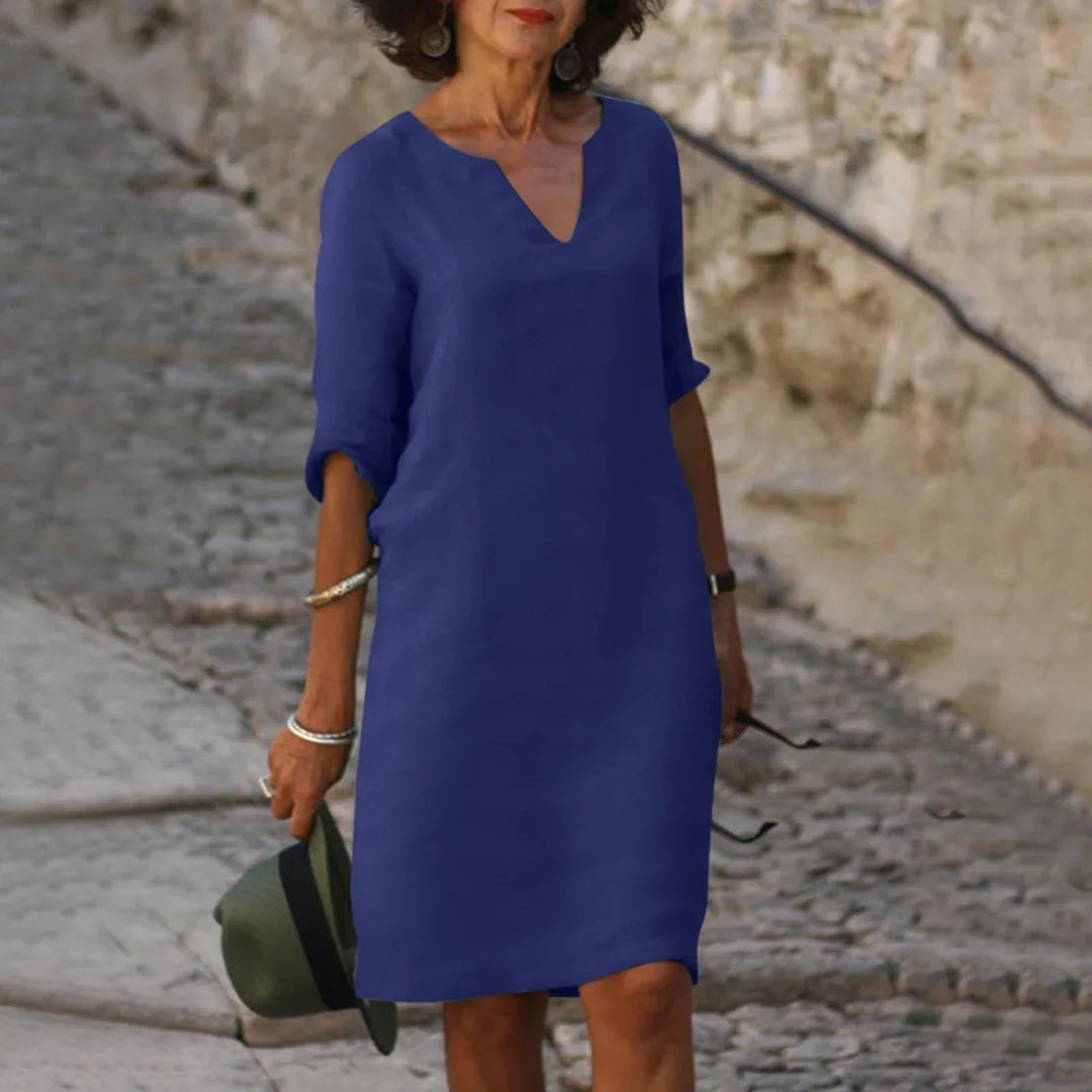 Damen Knielanges Kleid mit V-Ausschnitt | Luftiges Midikleid mit 3/4-Ärmeln | Gerade Passform | Größen S–3XL