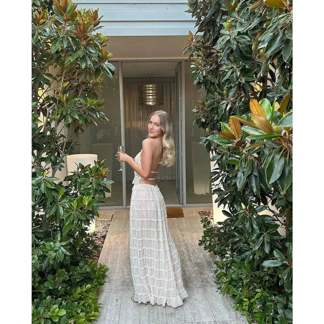 Damen Zweiteiler mit Neckholder Top &amp; Maxirock | Boho Sommer Set mit elastischem Bund | Luftiger Freizeit-Look