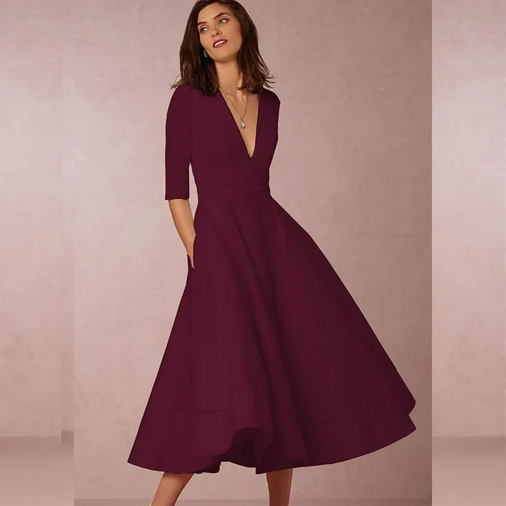 Damen A-Linie Midikleid mit tiefem V-Ausschnitt &amp; Taillenbetonung | 3/4-Ärmel | Schwingender Rock | S–3XL, Farbenwahl