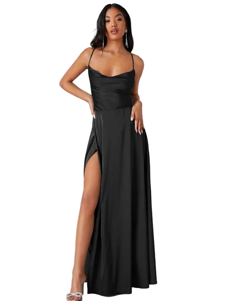 Maxi-Abendkleid Damen mit Drapé-Ausschnitt &amp; Spaghettiträgern | Offener Rücken mit Schnürung | Hoher Beinschlitz, S–XXL