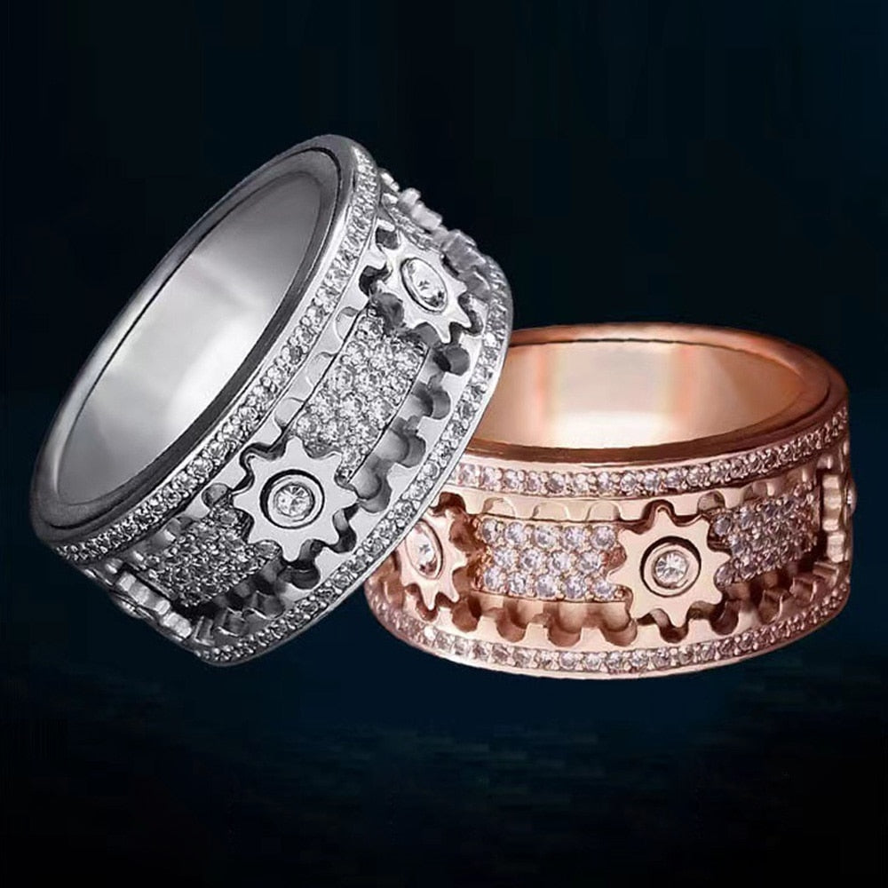 Spinner Ring aus Edelstahl | Anti-Stress-Ring mit 6 Zahnrädern und Zirkonia