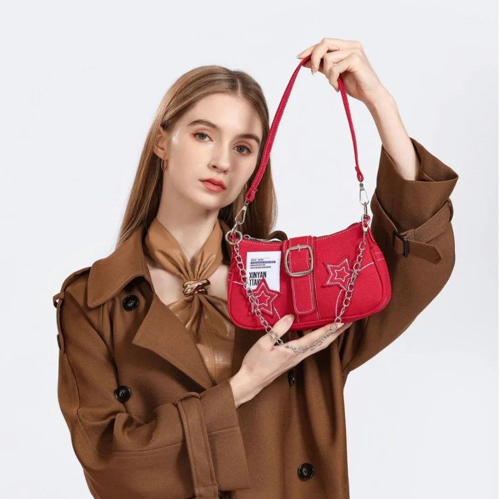Damen Denim-Unterarmtasche mit Sternstickerei | Schwarze Schultertasche mit Kettenriemen | Streetstyle-Bag