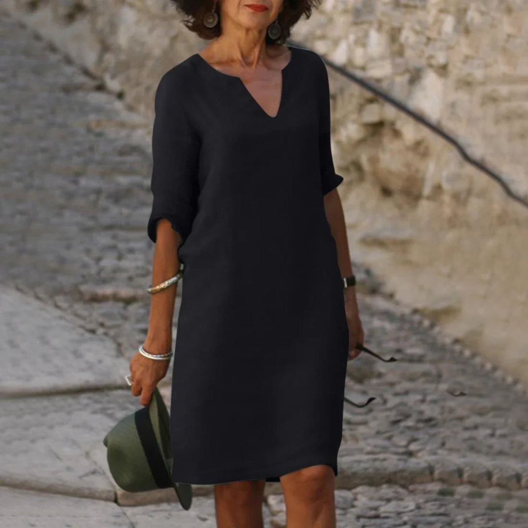 Damen Knielanges Kleid mit V-Ausschnitt | Luftiges Midikleid mit 3/4-Ärmeln | Gerade Passform | Größen S–3XL