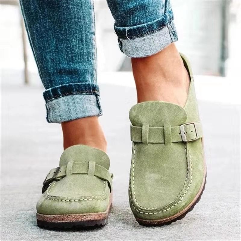 Mocassini da donna in pelle scamosciata stile mocassino | Cuciture a contrasto e cinturino con fibbia | Suola imbottita, antiscivolo e flessibile