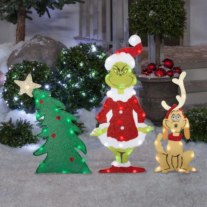 Grinch Weihnachtsdeko mit LED für den Garten | Wetterfeste Weihnachtsfigur mit Erdspießen aus Kunststoff und Stoff
