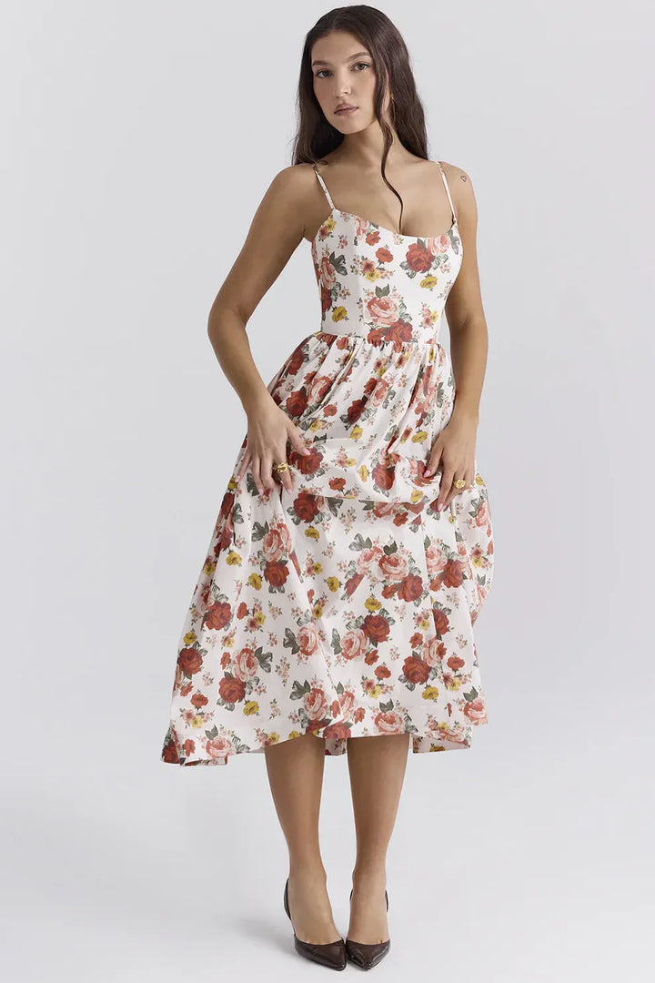Robe midi élégante en mélange de lin | Corsage cintré &amp; jupe fluide | Bretelles réglables avec poches latérales