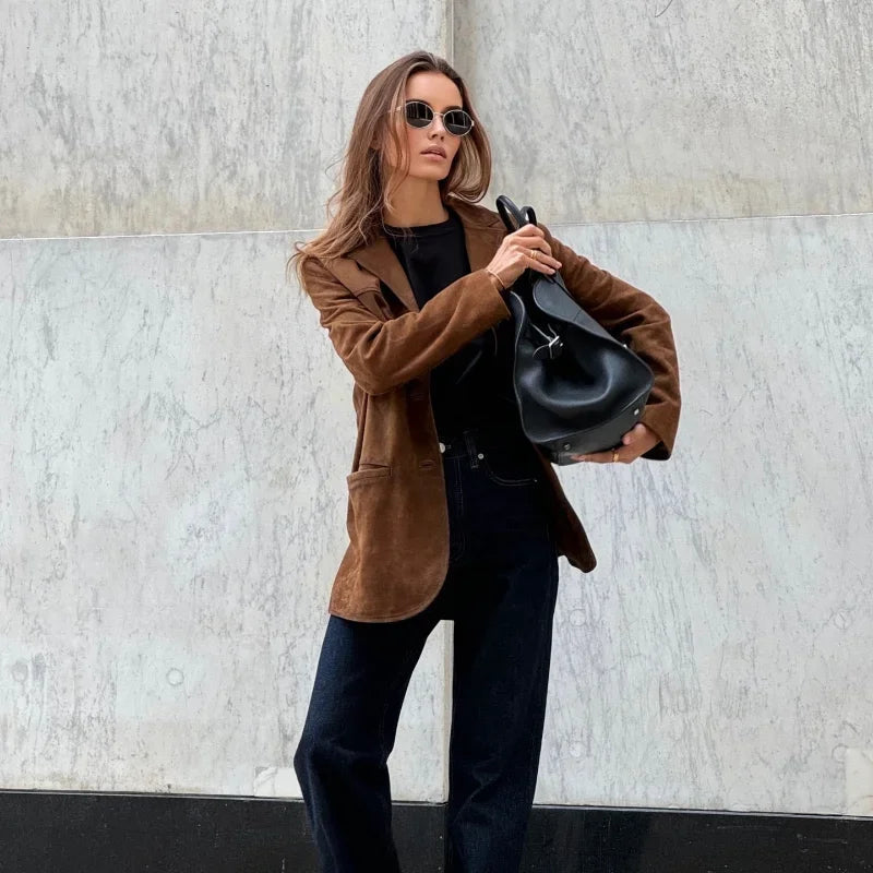 Damen Wildlederjacke mit Reverskragen | Langarm Jacke mit Seitentaschen und klassischem Schnitt für Alltag und Freizeit