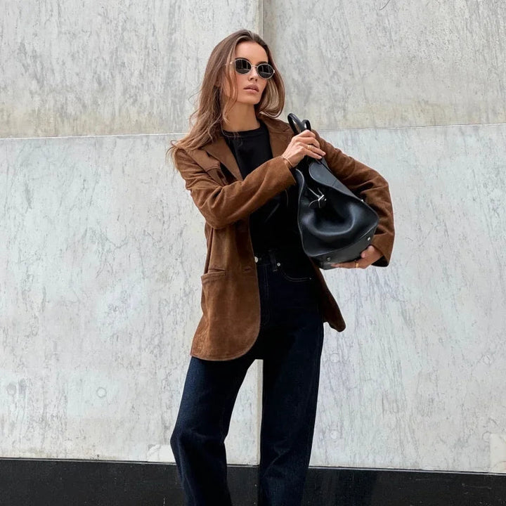 Damen Wildlederjacke mit Reverskragen | Langarm Jacke mit Seitentaschen und klassischem Schnitt für Alltag und Freizeit