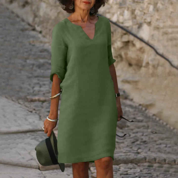 Damen Knielanges Kleid mit V-Ausschnitt | Luftiges Midikleid mit 3/4-Ärmeln | Gerade Passform | Größen S–3XL