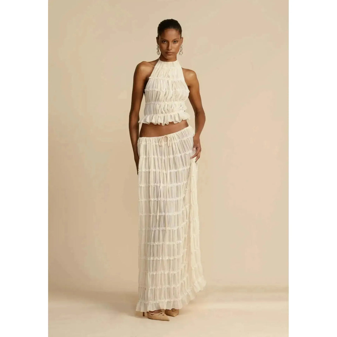 Damen Zweiteiler mit Neckholder Top &amp; Maxirock | Boho Sommer Set mit elastischem Bund | Luftiger Freizeit-Look