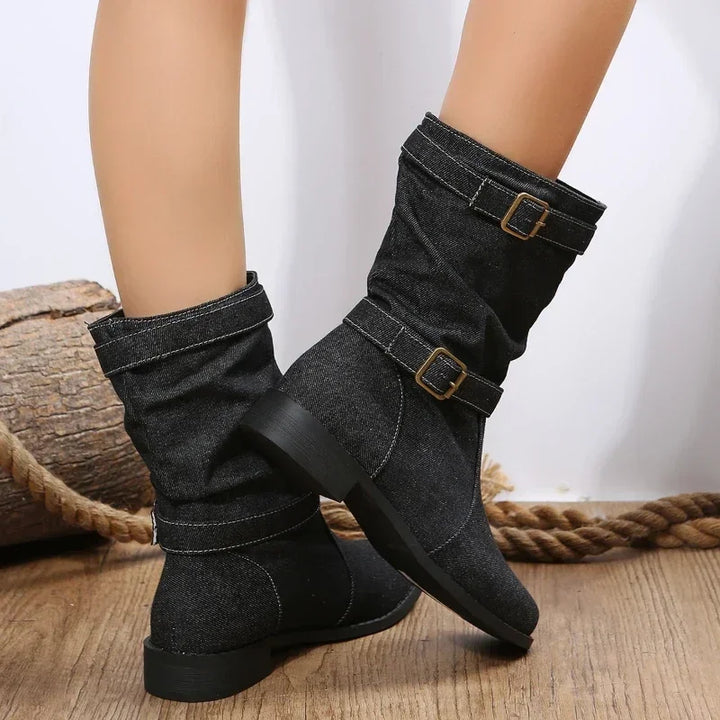 Damen Stiefel | Mittelhohe Boots mit dekorativen Schnallen, weichem Innenfutter und rutschfester Sohle für Herbst und Winter