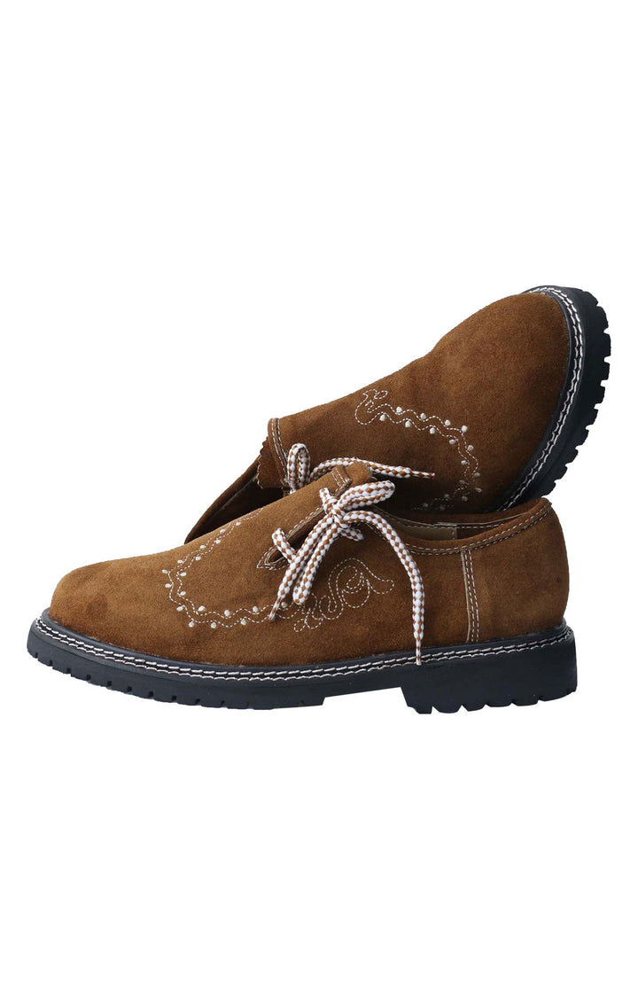 Haferlschuhe Herren | Camelbraune Trachtenschuhe aus Ziegenveloursleder mit seitlicher Schnürung für Lederhosen