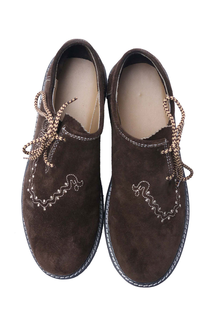 Haferlschuhe Herren | Dunkelbraune Trachtenschuhe aus Ziegenveloursleder mit Schnürung für Lederhosen und Oktoberfest