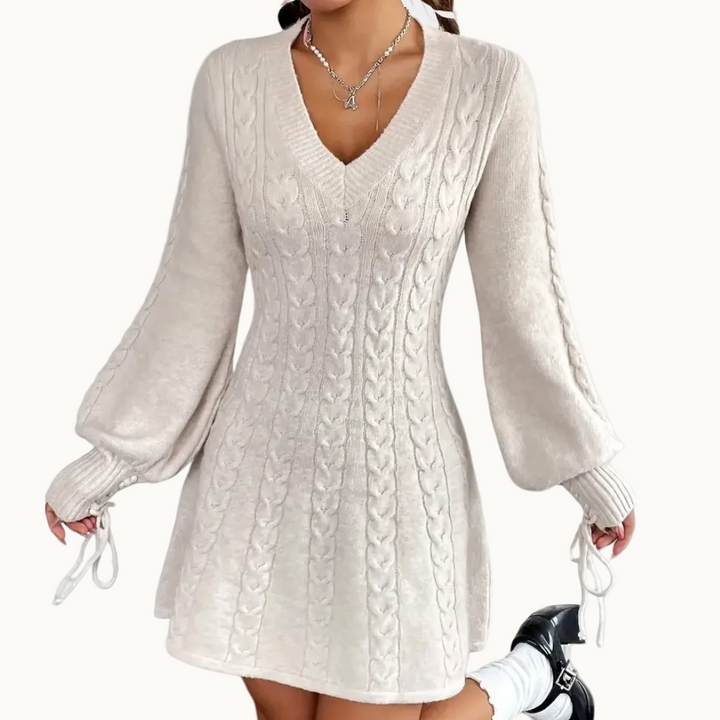 Damen Strickkleid mit Zopfmuster | Feminines Winterkleid mit V-Ausschnitt, Ballonärmeln und Bänderdetails | Ausgestellte Passform