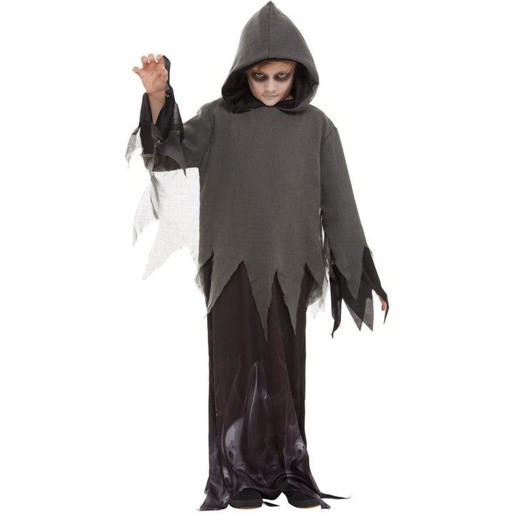 Kinder Sensenmann Kostüm Grau Schwarz | Gruseliges Halloween Kostüm mit Kapuze und zerrissenen Details für Mottoparty