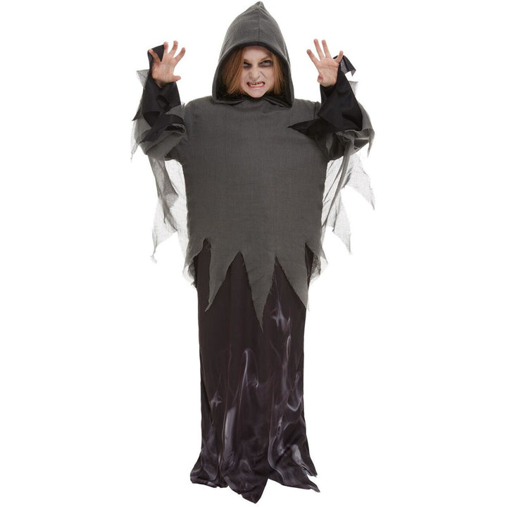 Kinder Sensenmann Kostüm Grau Schwarz | Gruseliges Halloween Kostüm mit Kapuze und zerrissenen Details für Mottoparty