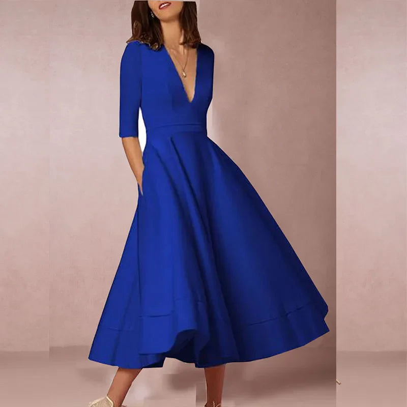 Damen A-Linie Midikleid mit tiefem V-Ausschnitt &amp; Taillenbetonung | 3/4-Ärmel | Schwingender Rock | S–3XL, Farbenwahl