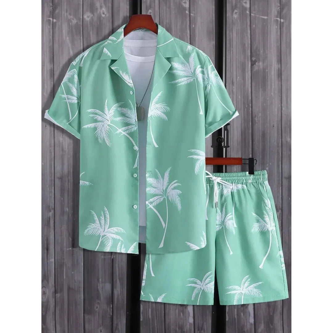 Herren Sommer Set mit Hawaii-Muster | Zweiteiler aus leichtem Polyester | Freizeit Outfit für Urlaub &amp; Strand