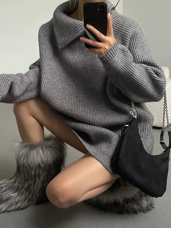 Damen Rollkragenpullover | Grobstrick mit diagonalem Reißverschluss &amp; lockerer Passform für Herbst und Winter