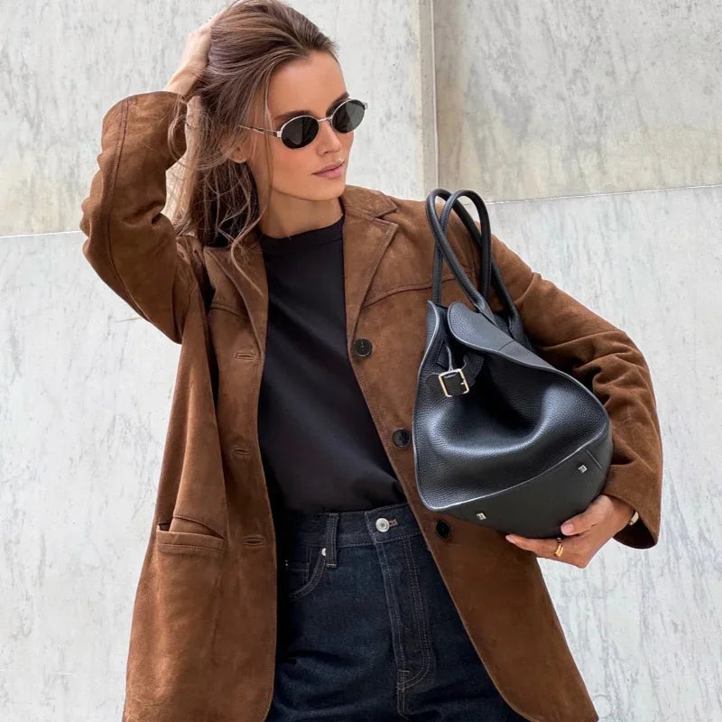 Damen Wildlederjacke mit Reverskragen | Langarm Jacke mit Seitentaschen und klassischem Schnitt für Alltag und Freizeit