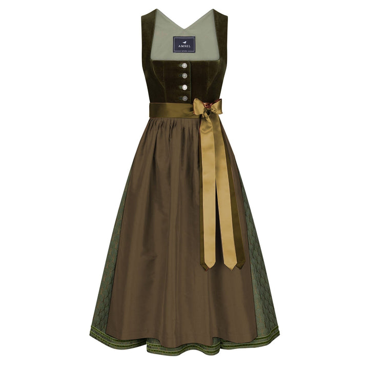 Samtdirndl lang Damen | Olivgrünes Dirndl mit Stretchmieder und Seidenschürze für Oktoberfest und Feste