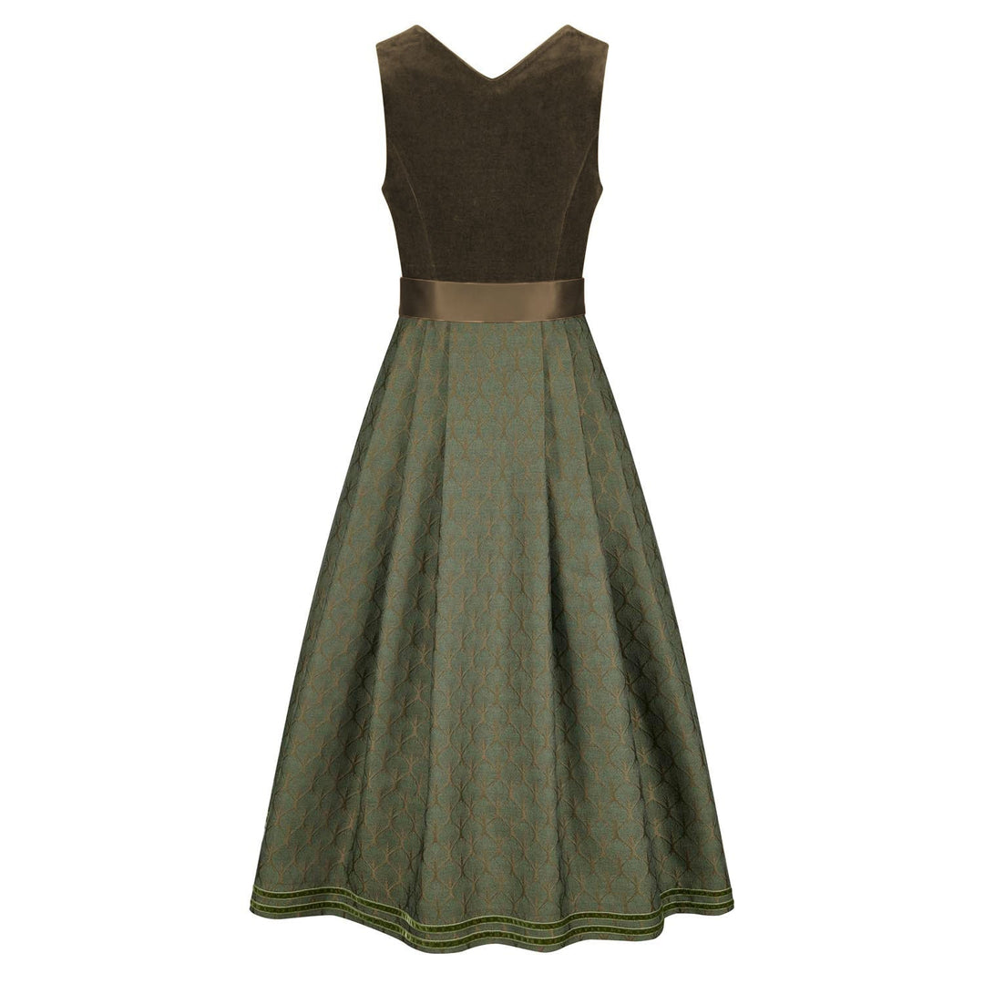 Samtdirndl lang Damen | Olivgrünes Dirndl mit Stretchmieder und Seidenschürze für Oktoberfest und Feste