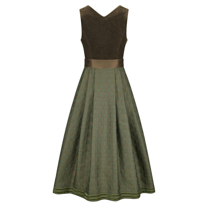 Samtdirndl lang Damen | Olivgrünes Dirndl mit Stretchmieder und Seidenschürze für Oktoberfest und Feste