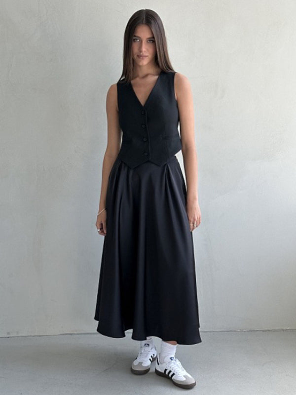 Damen Maxirock mit hohem Bund | Fließender Satinrock in A-Linie mit elastischem Taillenbund und Reißverschluss für elegante Anlässe