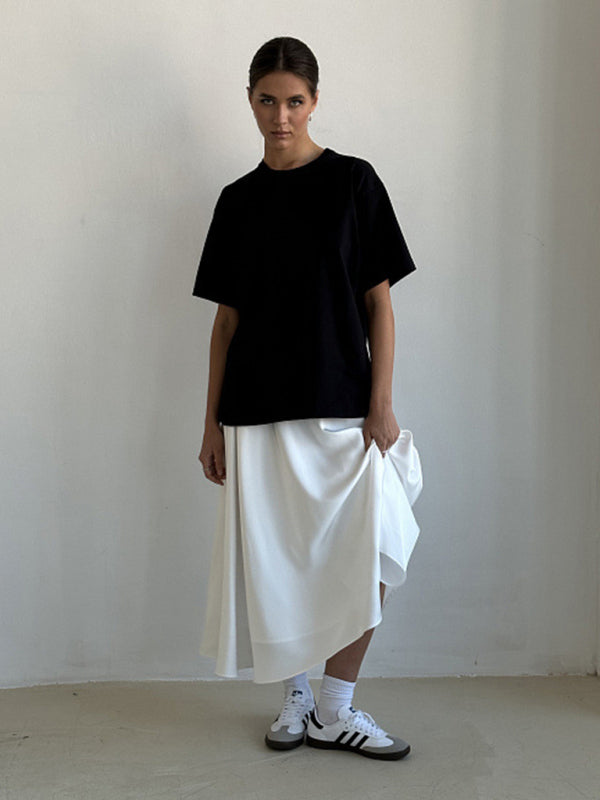 Damen Maxirock mit hohem Bund | Fließender Satinrock in A-Linie mit elastischem Taillenbund und Reißverschluss für elegante Anlässe