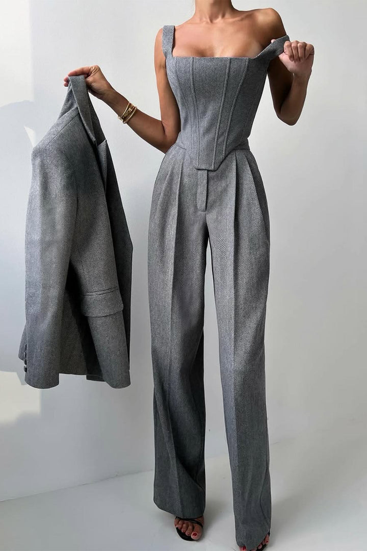 Damen 3-teiliges Hosenanzug-Set | Doppelreihiger Blazer, Top &amp; Hose | Eleganter Business-Look
