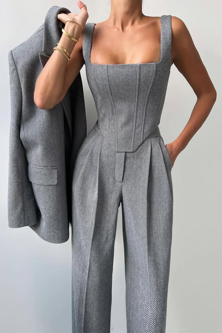 Damen 3-teiliges Hosenanzug-Set | Doppelreihiger Blazer, Top &amp; Hose | Eleganter Business-Look
