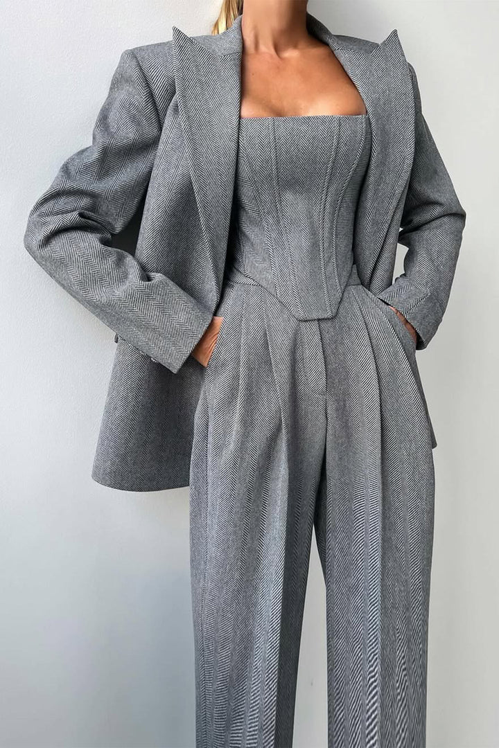 Damen 3-teiliges Hosenanzug-Set | Doppelreihiger Blazer, Top &amp; Hose | Eleganter Business-Look