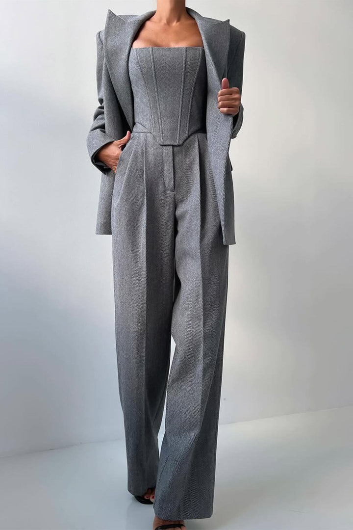 Damen 3-teiliges Hosenanzug-Set | Doppelreihiger Blazer, Top &amp; Hose | Eleganter Business-Look