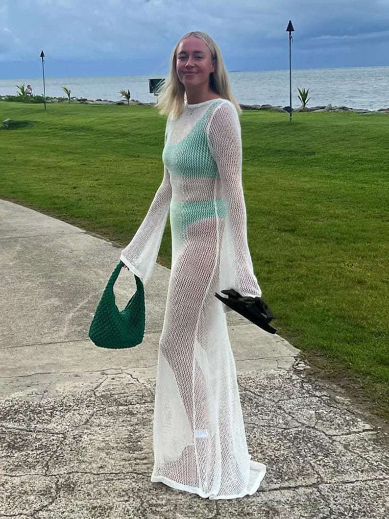 Damen Rückenfreies Maxikleid | Elegantes Sommerkleid mit Transparenter Mesh-Optik | Langarm Abendkleid mit Fließender Silhouette