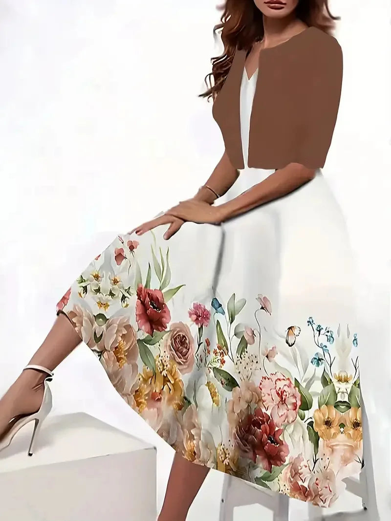 Damen Sommer-Set | 2-teilig mit Midi-Kleid und Blazer für Büro und besondere Anlässe
