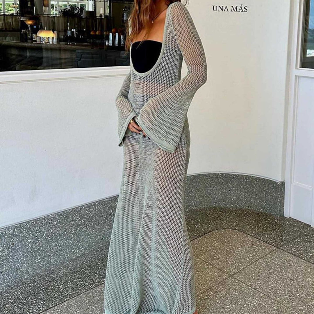 Damen Rückenfreies Maxikleid | Elegantes Sommerkleid mit Transparenter Mesh-Optik | Langarm Abendkleid mit Fließender Silhouette