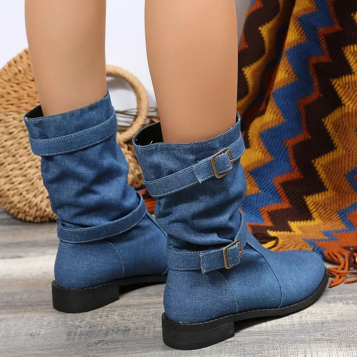 Damen Stiefel | Mittelhohe Boots mit dekorativen Schnallen, weichem Innenfutter und rutschfester Sohle für Herbst und Winter