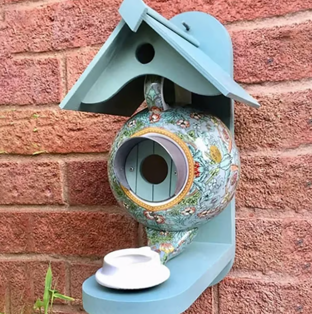 Vogelhaus für den Garten | Buntes Vogelhäuschen aus Keramik und Holz mit Nistplatz und einfacher Wandmontage für Garten und Terrasse