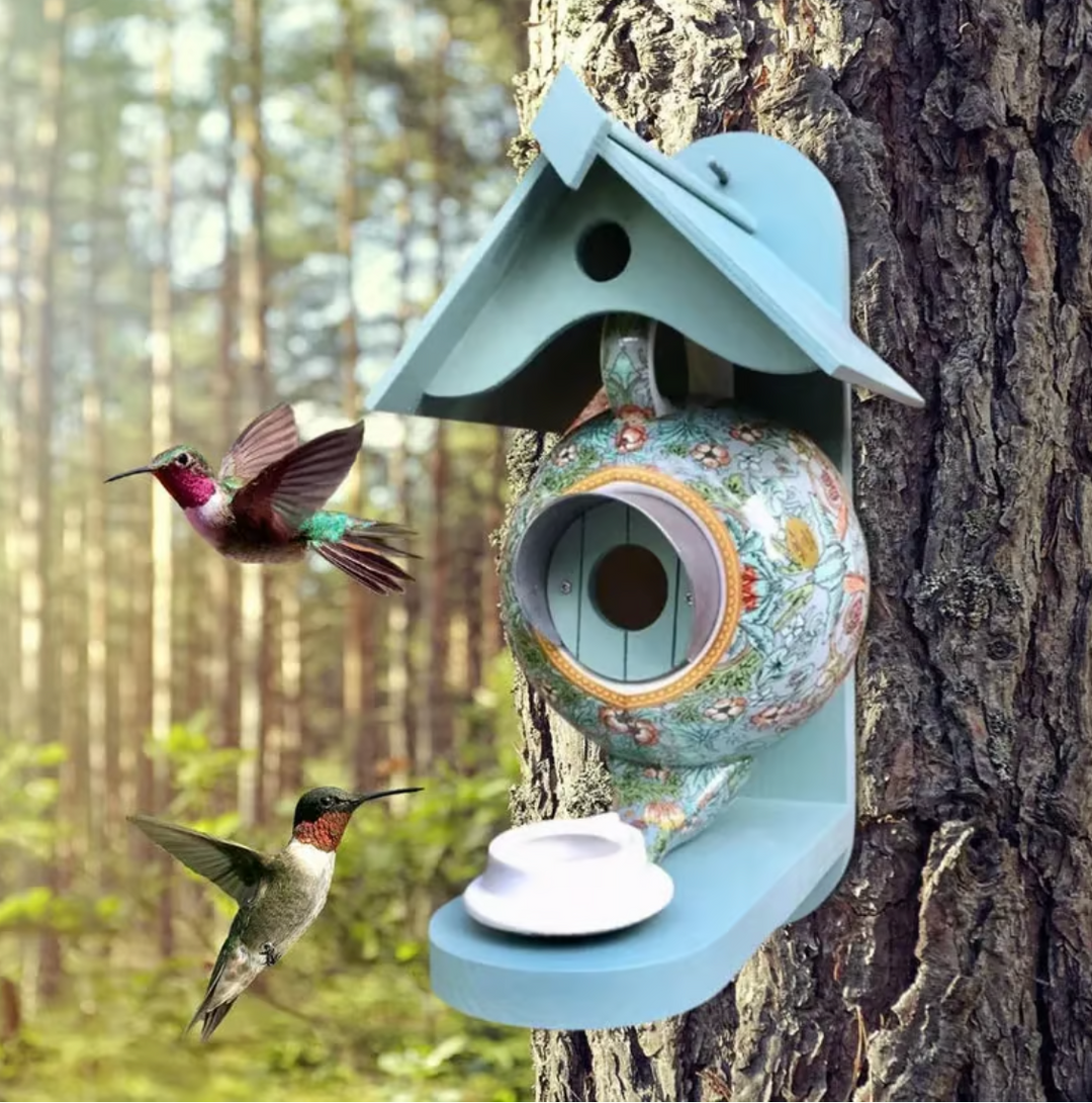 Vogelhaus für den Garten | Buntes Vogelhäuschen aus Keramik und Holz mit Nistplatz und einfacher Wandmontage für Garten und Terrasse