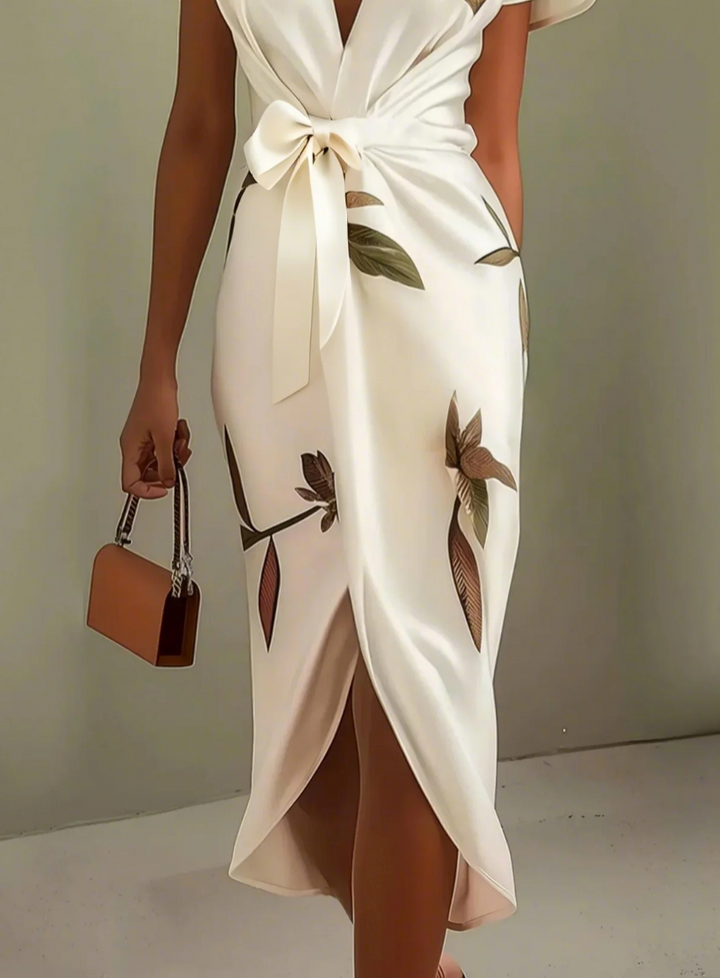 Elegantes weißes Satinkleid mit V-Ausschnitt &amp; Taillenband | Wickelrock mit floralem Muster | Beverly Damenkleid für Events