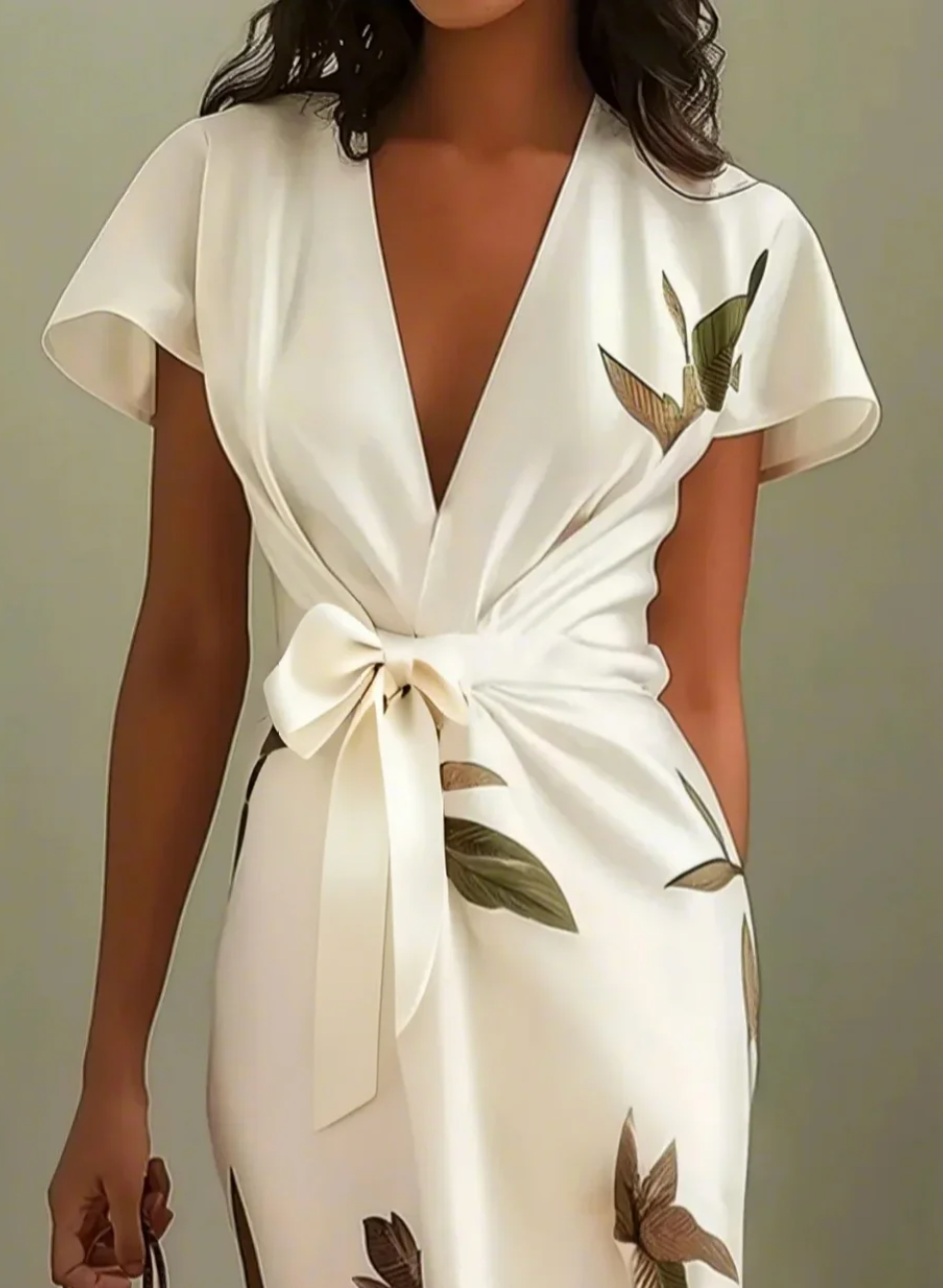 Elegantes weißes Satinkleid mit V-Ausschnitt &amp; Taillenband | Wickelrock mit floralem Muster | Beverly Damenkleid für Events
