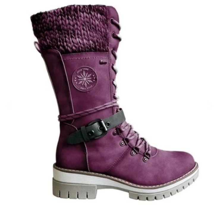 Damen Winterstiefel mit seitlichem Reißverschluss | Warme Stiefel mit gestricktem Bund und profilierter Sohle für Alltag und Freizeit