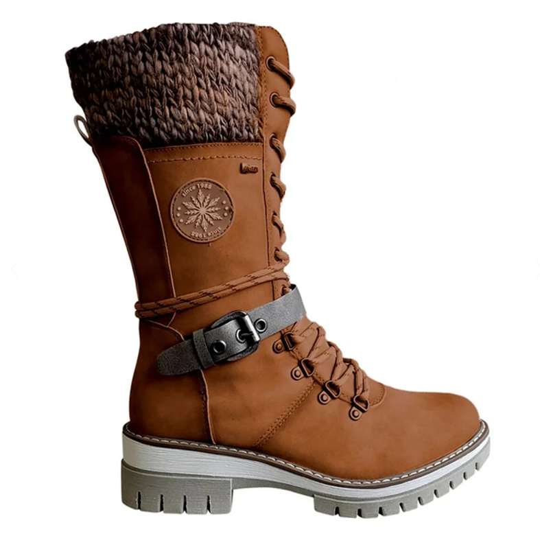 Damen Winterstiefel mit seitlichem Reißverschluss | Warme Stiefel mit gestricktem Bund und profilierter Sohle für Alltag und Freizeit