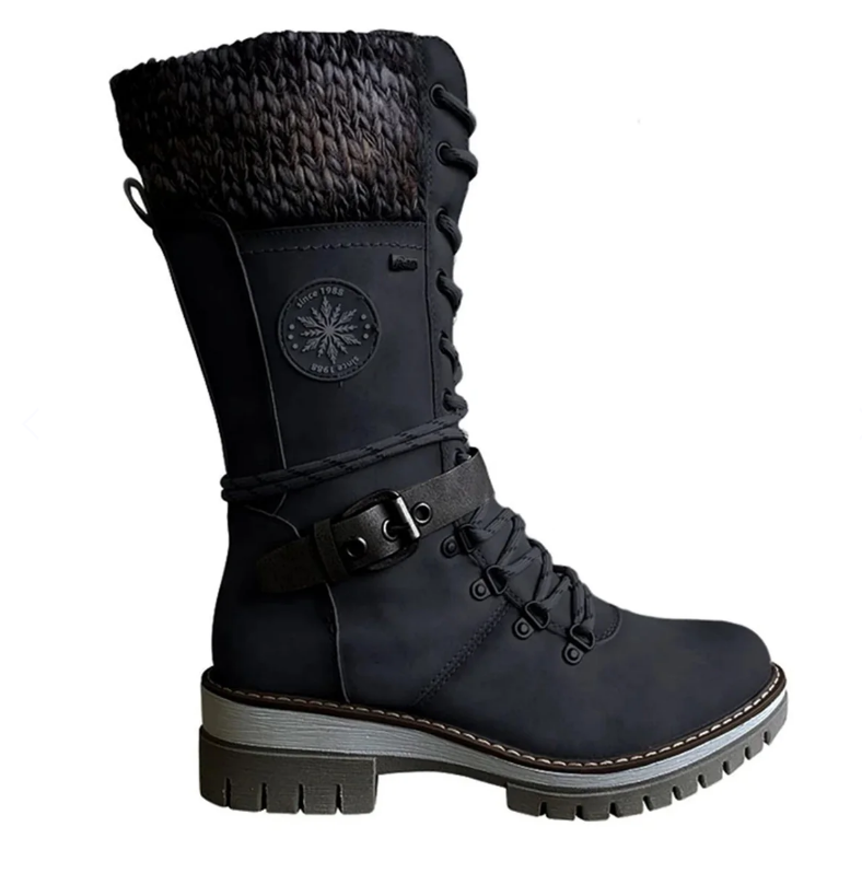 Damen Winterstiefel mit seitlichem Reißverschluss | Warme Stiefel mit gestricktem Bund und profilierter Sohle für Alltag und Freizeit